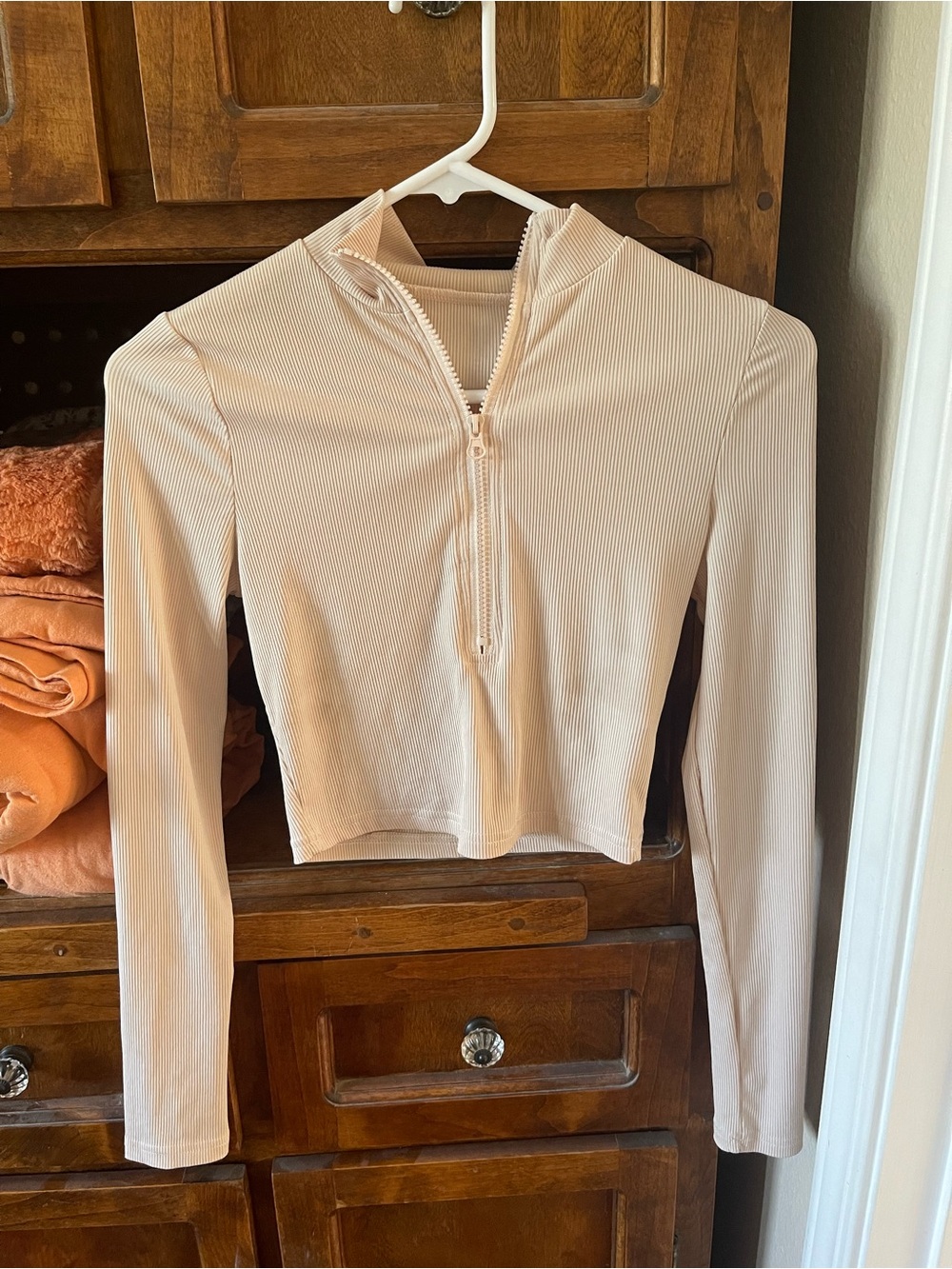 Ribbed Half-Zip Long Sleeve Top - Blush